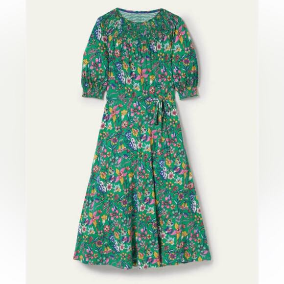 Boden Smocked Neck Jersey Midi Dress Highland Green Floral size 8 No Belt - Picture 1 of 13